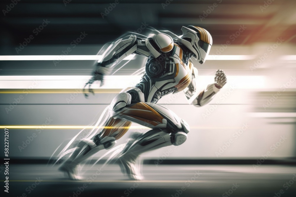 Poster a robot running fast in a tunnel with a train in the background arcade animation robotics engineerin