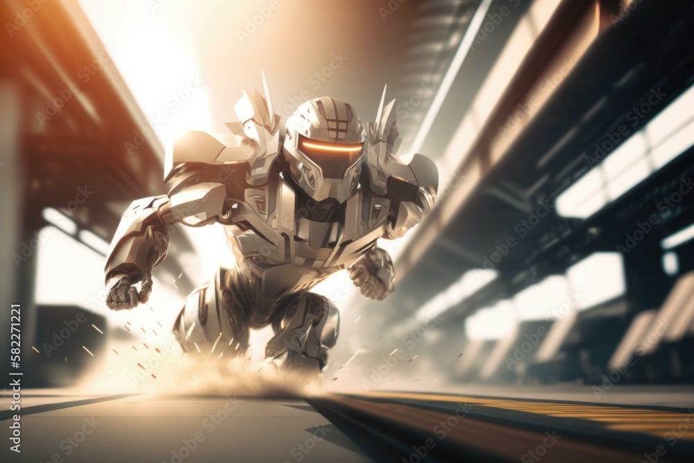 Poster a robot running through a tunnel in a futuristic city factory animation robotics engineering generat