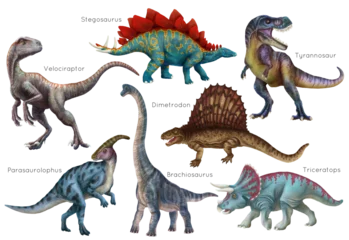 Foto op Plexiglas Dinosaur set. Stegosaurus, Dimetrodon, Velociraptor, Triceratops, Brachiosaurus, Tyrex, Parasaurolophus © inna72