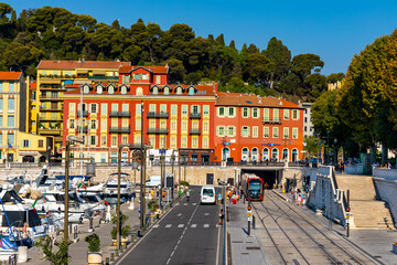 Nice port with yachts, boats and pierces in Nice Port and yacht marina district with Colline du...