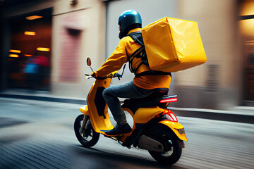 Delivery man on scooter driving on the street of city. Food delivery app. Generative AI - obrazy, fototapety, plakaty