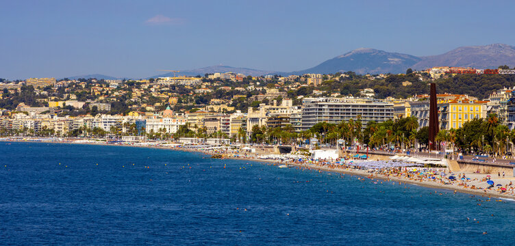 Nice shore and beach panorama with Prom des Anglais boulevard, Le Carre d’Or and Les Baumettes district on Mediterranean Sea shore on French Riviera in France