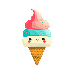Cute ice cream with kawaii emoji on white background