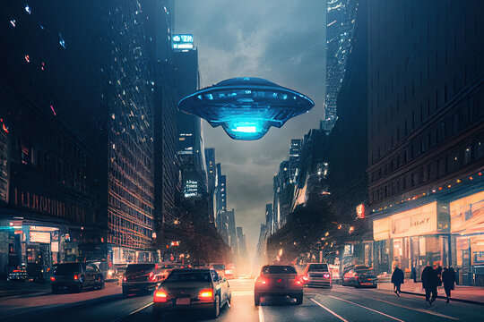 Alien invasion, UFO flying in the sky above city, concept of evidence and sighting. Generative AI