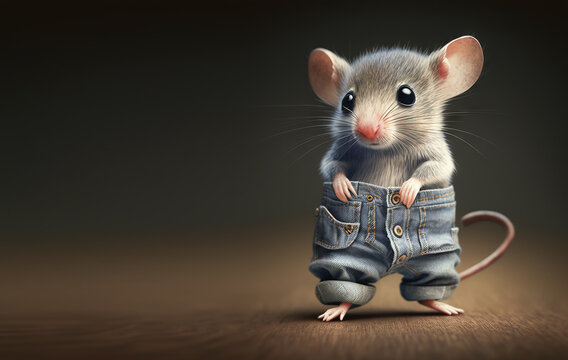 Cute skinny mouse trying on new jeans.  Image created with generative ai. 