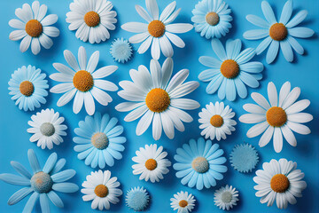Fototapeta premium Bright spring light blue background with white chamomile, daisy flowers. Generative AI