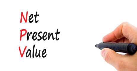 NPV net present value symbol. Concept words NPV net present value on white paper on a beautiful white background. Businessman hand. Business and NPV net present value concept. Copy space.