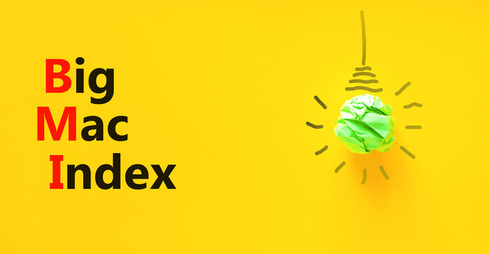 BMI big mac index symbol. Concept words BMI big mac index on yellow paper on a beautiful yellow background. Green light bulb icon. Business and BMI big mac index concept. Copy space.