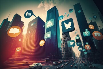 Social media icons fly over city Generative AI