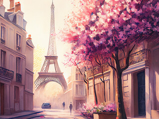 Watercolor painting of cherry blossom in Paris with Eiffel Tower on background. Generative AI