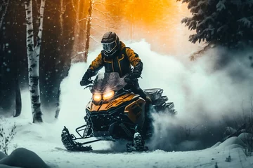 Fotobehang Man in helmet rides a snowmobile through the forest. Generative AI © Andrii 