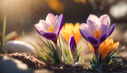 Crocus blooming flowers in early spring. Generative AI.