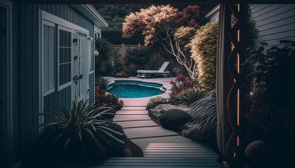 Photography of a backyard, poolsuite style. Generative AI