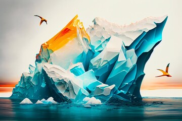 Iceberg in the water. Dark blue, minimal wallpaper. Ice cold empty backdrop. Generative AI