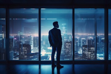 Fototapeta na wymiar Back view of businessman in suit standing at office looking at night city through panoramic window. Generative AI