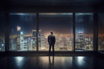 Fototapeta na wymiar Back view of businessman in suit standing at office looking at night city through panoramic window. Generative AI