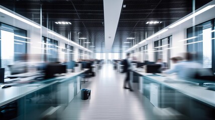 Long exposure shot of modern office lobby with business people. Generative AI