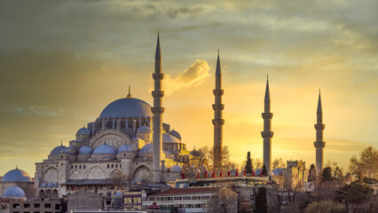 Fototapeta na wymiar Suleymaniye mosque in Sultanahmet district old town of Istanbul, Turkey, Sunset in Istanbul, Turkey with Suleymaniye Mosque, Beautiful sunny view of Istanbul with old mosque in Istanbul, Turkiye.