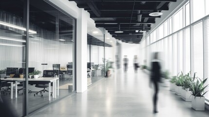 Fototapeta premium Long exposure shot of modern office lobby with business people. Generative AI