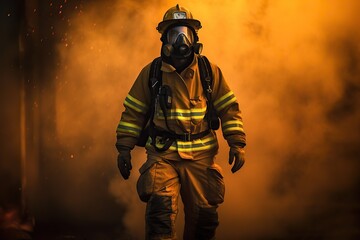 Naklejka premium Portrait of firefighter wearing protective facial mask, fire on background. Generative AI
