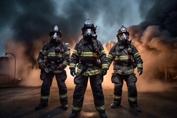 Fototapeta premium Firefighter crew, a brave and confident team in the night of disaster. Generative AI
