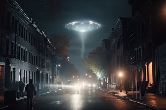 Alien invasion, UFO flying in the sky above city, concept of evidence and sighting. Generative AI