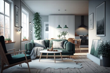 Naklejka na ściany i meble Cozy and inviting Scandinavian living room, featuring natural materials and a warm color palette. Ai generated.