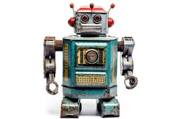 Vintage tin robot toy isolated on a white background. Generative AI