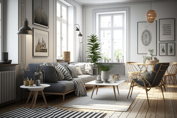 Cozy and inviting Scandinavian living room, featuring natural materials and a warm color palette. Ai generated.