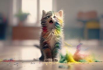 Kitten Rainbow Color Explosion In Chic Style Generative AI
