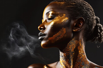 Young African American Woman with Silver and Gold Makeup and Body Art on a Black Background with Smoke - Post-processed Generative AI