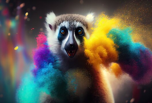 Lemur Rainbow Color Splash In Awesome Style Generative AI