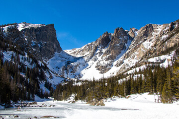 Views during a hike in the Rocky Mountains National Park to Dream Lake. Taken during the winter with frozen lakes and fresh snow on the ground.