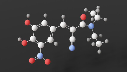 entacapone molecule, molecular structure, antiparkinsonian agents, ball and stick 3d model, structural chemical formula with colored atoms