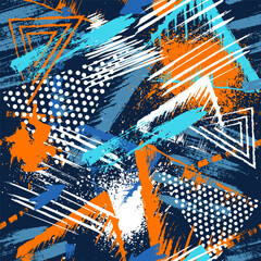 Abstract seamless chaotic pattern with urban geometric elements, scuffed, drops, triangles, spots, sprays. Grunge neon texture background. Wallpaper for boys and girls © artlavi_design