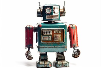 Vintage tin robot toy isolated on a white background. Generative AI