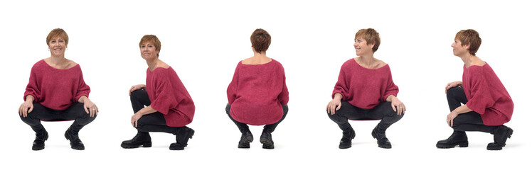 large group of various poses on same woman squatting on white background
