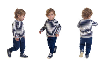 back,profile and front view of same baby boy on white background