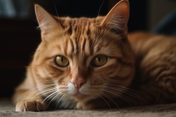 An adorable ginger cat lying about in close up. Generative AI