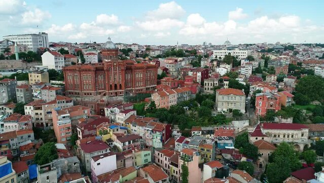 Drone view of Fener-Rum Orthodox College (Turkish: Fener-Rum Lisesi) at Balat District in Istanbul, Turkey