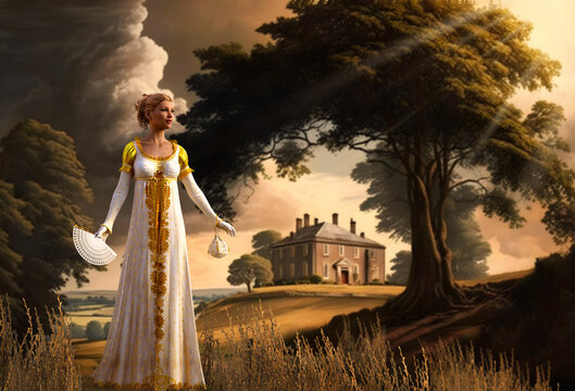 Jane Austen style woman strolls through a Regency era English countryside