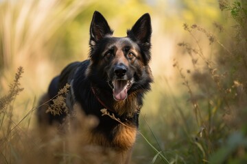 Fototapeta premium a lovely german shepherd dog in a field of vegetation. Generative AI