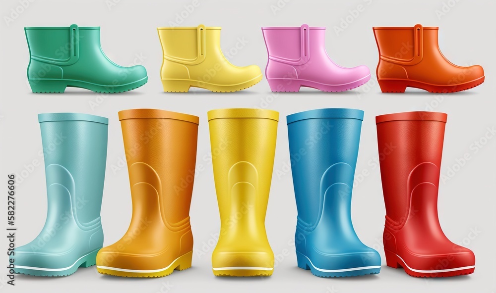 Poster a group of different colored rain boots on a gray background with a white bottom and bottom part of 