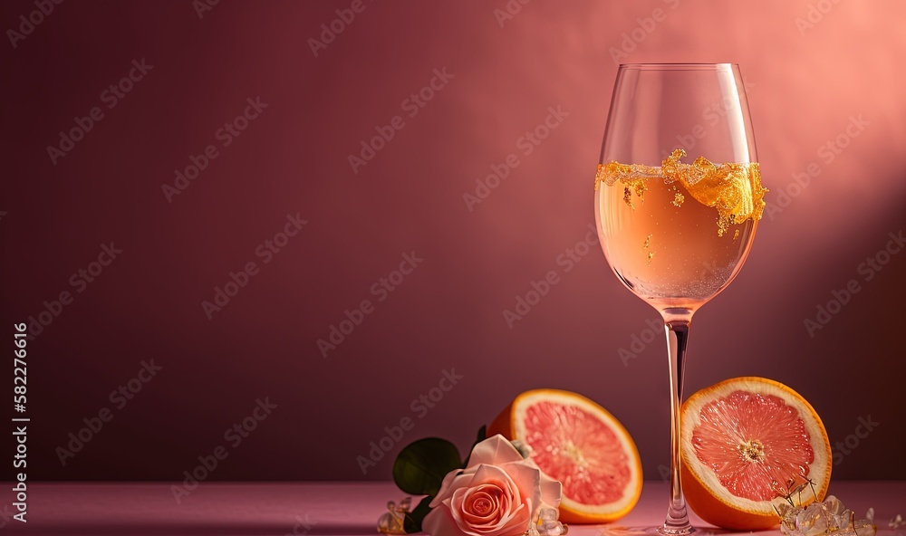 Poster a glass of wine with a grapefruit and a rose on a table with a pink background and a rose on the sid