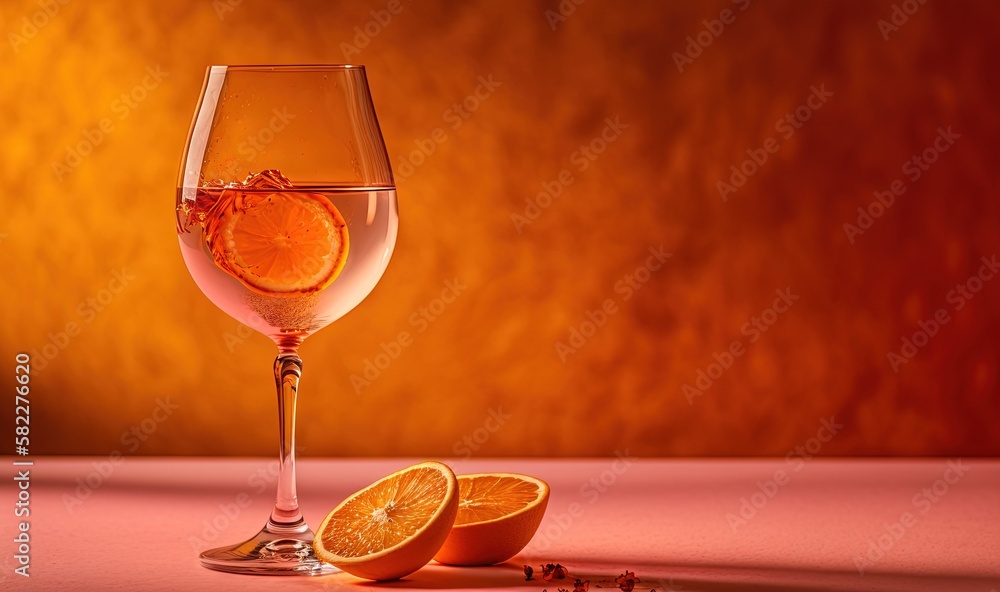 Poster a glass of wine with an orange slice next to it on a pink tablecloth with a gold background and a sm