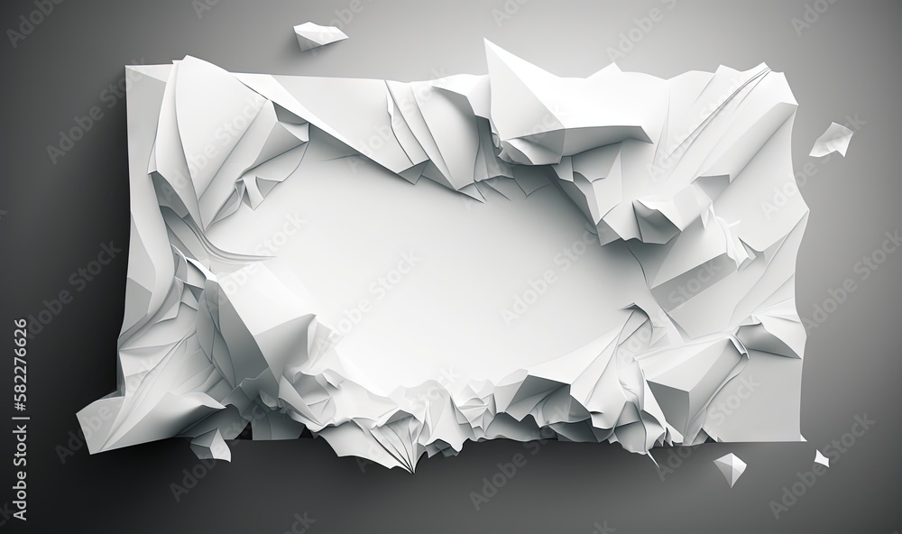Poster  a white piece of paper with a hole in the middle of it that has been torn open and is on a gray background with a shadow.  generative ai