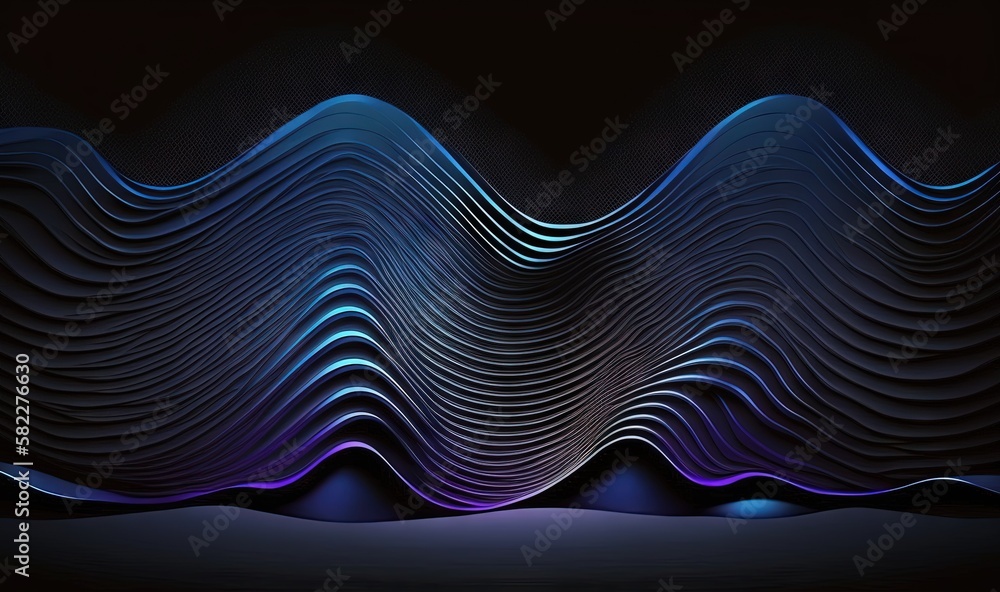Poster a dark background with wavy lines and a blue light at the bottom of the image is a dark background w