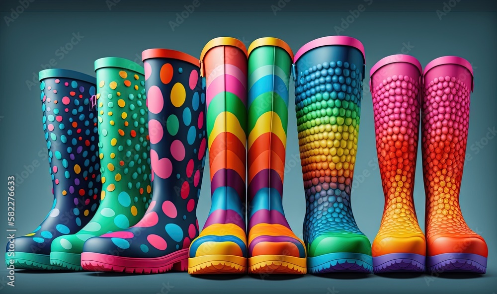 Poster a row of colorful rain boots on a blue background with polka dots on the bottom of the boots and the