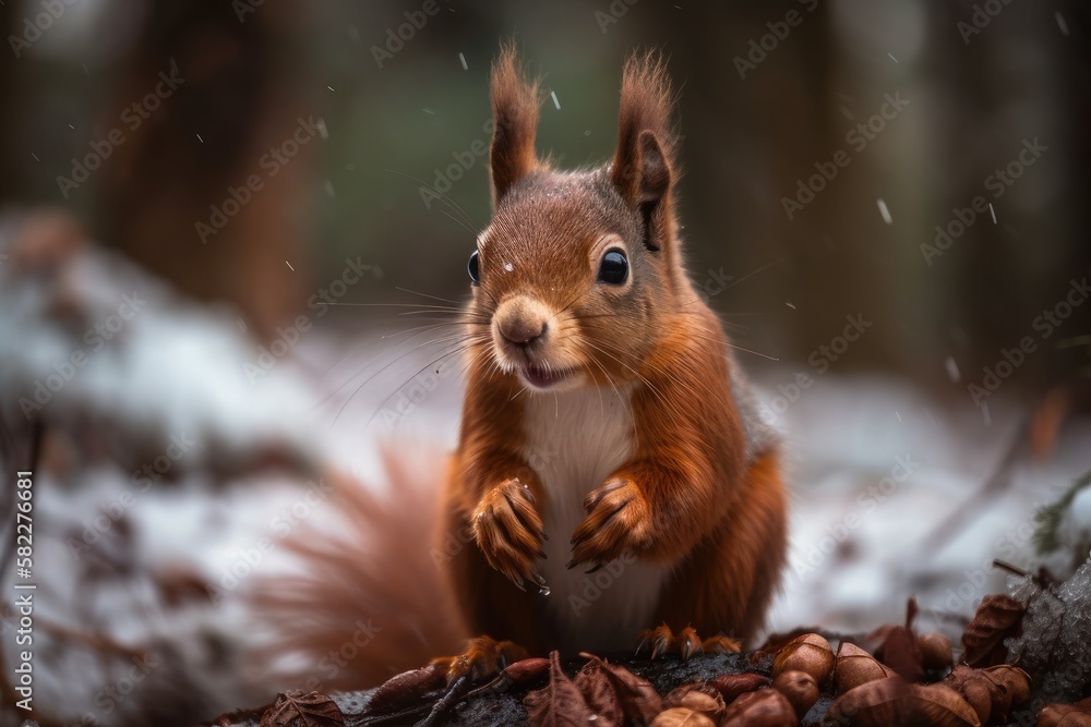 Poster in the winter or the late autumn, the squirrel with the nut sits on the tree. close up of a squirrel