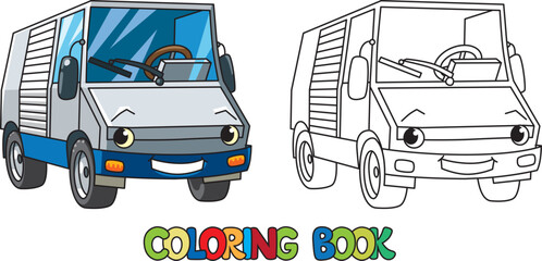 Small funny truck or lorry coloring book for kids. Small funny vector cute car with eyes and mouth. Children vector illustration - 582276603
